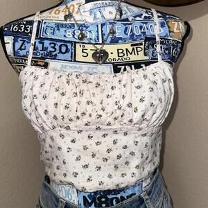 Princess Polly cottage core milk maid white and blue floral tank top